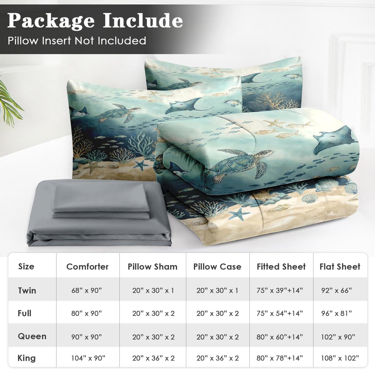 Comforter Set with Sheets, 7 Pieces Ocean Turtle Bedding
