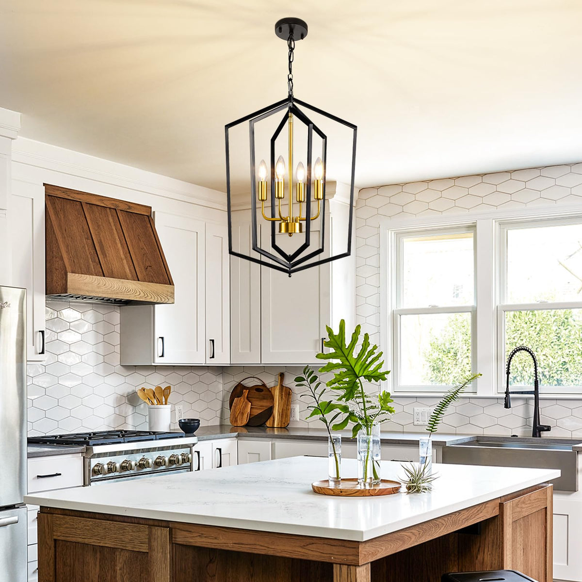 18.1" Black and Gold Chandelier, 4-Light Farmhouse Dining Room Light Fixture, Modern Foyer Lighting Fixtures, Rustic