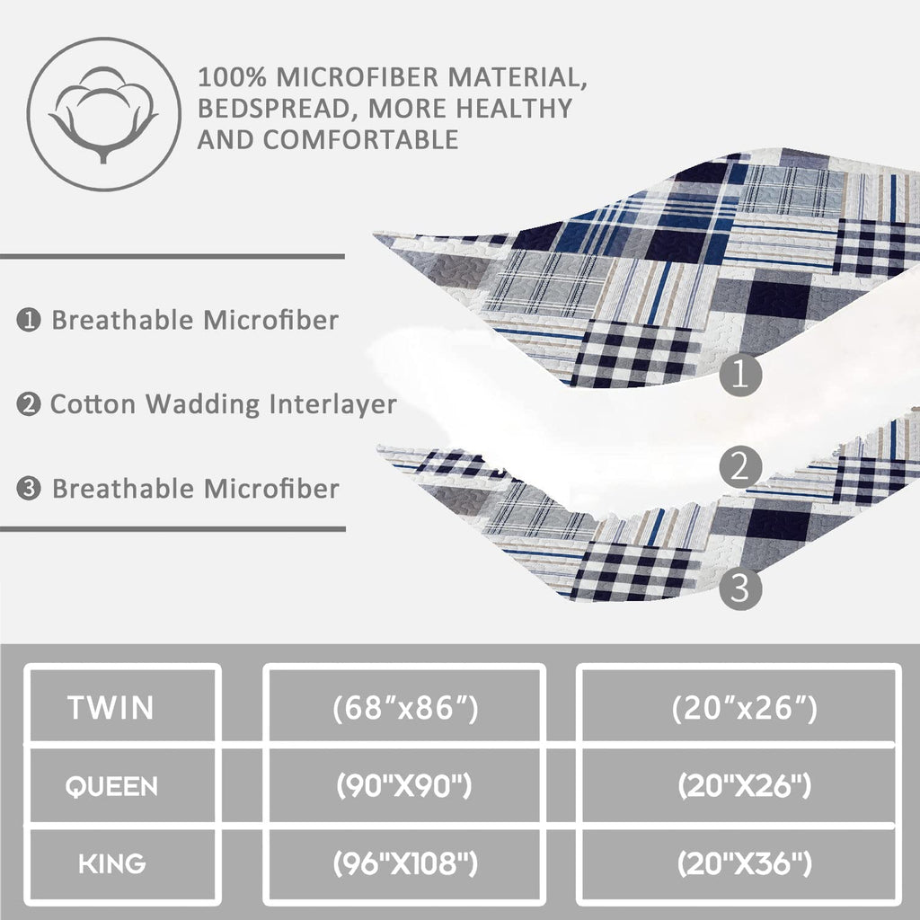3 Pcs Patchwork Bedding Plaid Quilts Set Navy Blue Buffalo Bedspreads Summer Lightweight Coverlet with