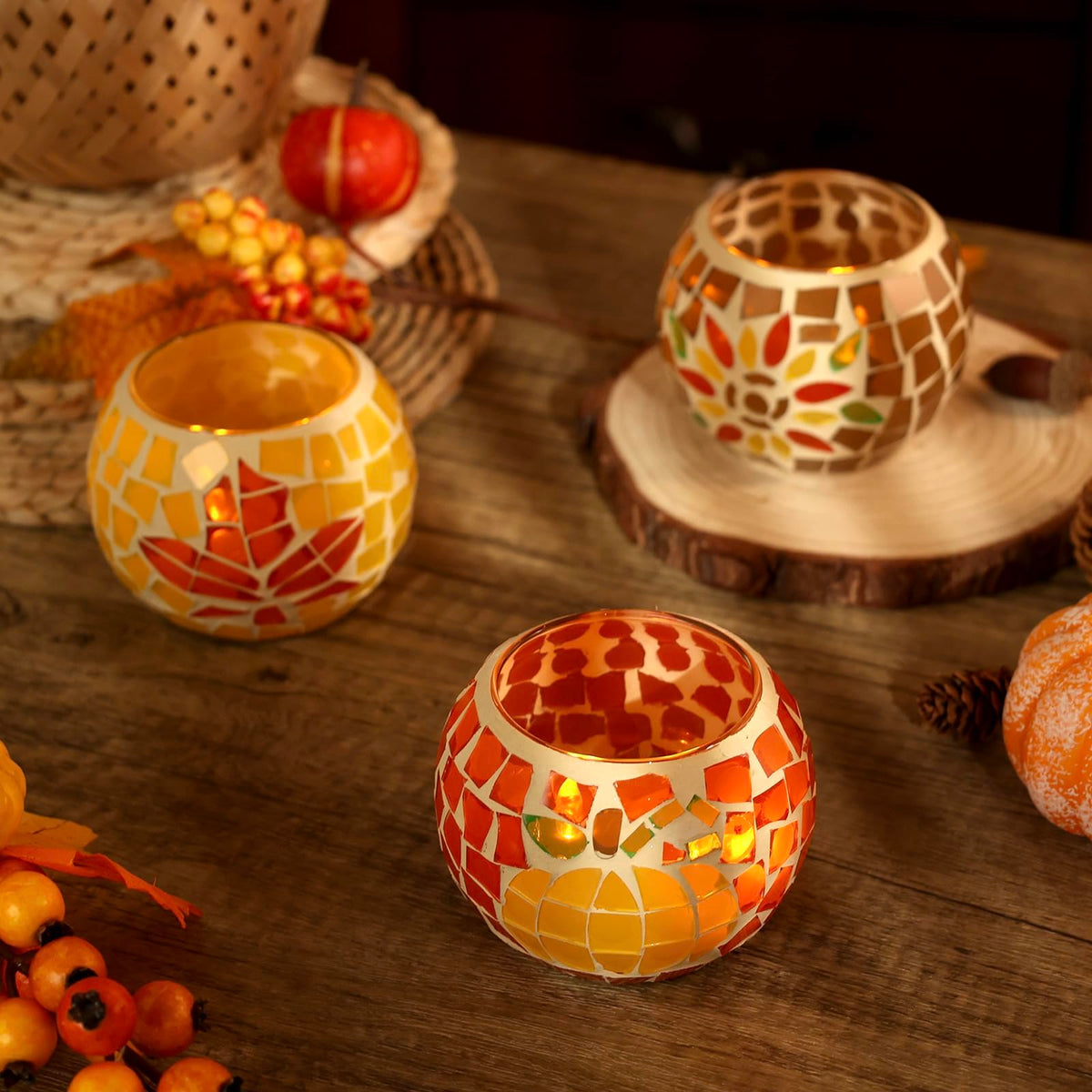 Fall Candle Holder Set of 3 Mosaic Maple Leave Sunflower Tealight Holder Pumpkin Glass Thanksgiving Votive Candle