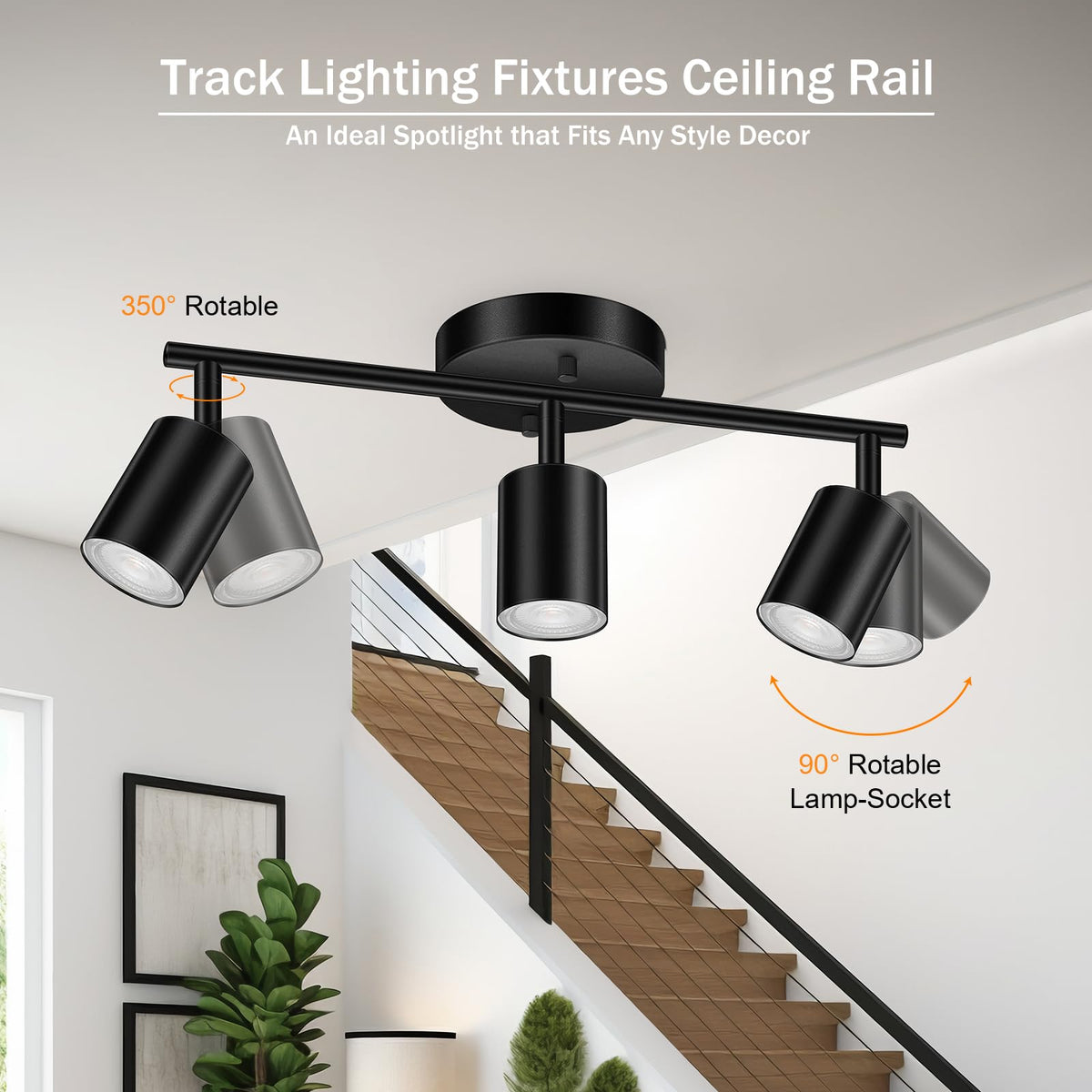 LED Track Lighting Fixtures Ceiling, Black 3-Light Track Lights, 3 Way Ceiling Spotlight, Flexibly Rotatable Wall