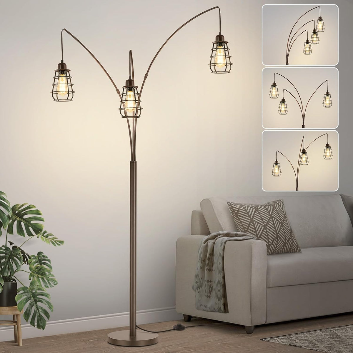 Industrial Floor Lamp, 3 Light Arc Floor Lamps, 76 Inch Tall Standing Lamp with Metal Cage Shades & Foot Switch