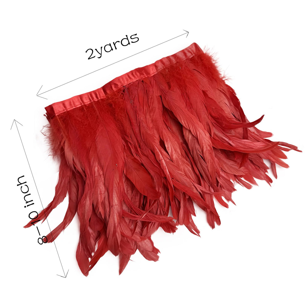 8-10" Rooster Hackle Feather Fringe Trim, Sewing Craft Feather for DIY Decorations-Red - 2 Yards
