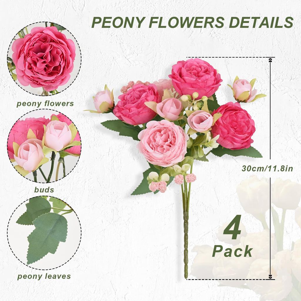 4 Packs Peonies Artificial Flowers, Mixed Pink Artificial Peonies, Silk Peonies Flowers Fake Peonies Artificial