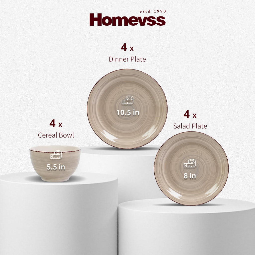 Stoneware Dinnerware Set, 12 Piece Service for 4, Plates and Bowls with 10.5" Dinner Plates, 8" Salad Plates, 5.5"