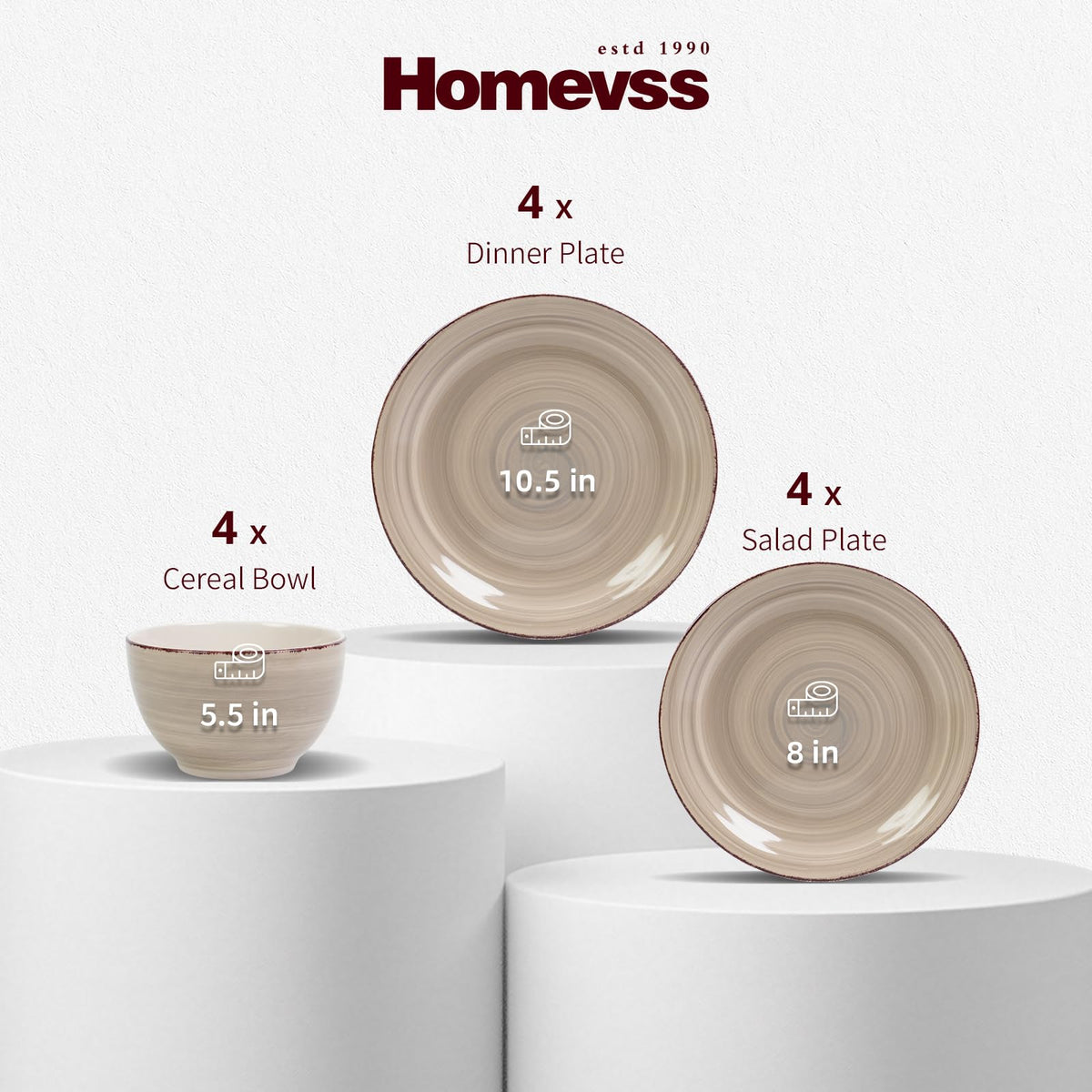 Stoneware Dinnerware Set, 12 Piece Service for 4, Plates and Bowls with 10.5" Dinner Plates, 8" Salad Plates, 5.5"