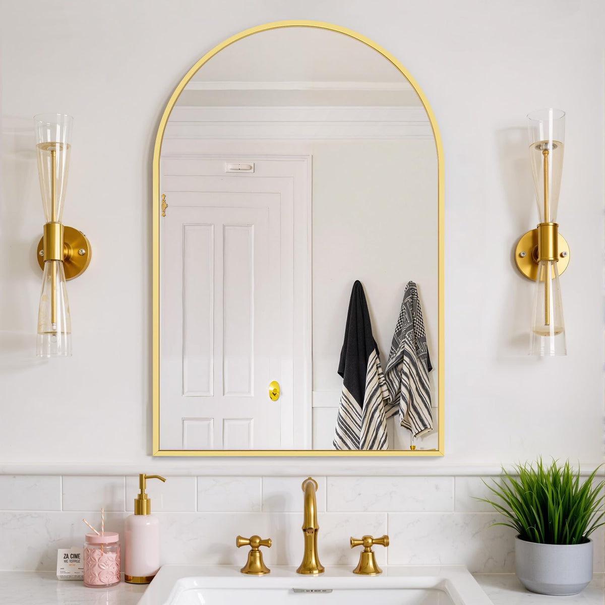 Bathroom Mirror for Wall, 36x24 Inch Arched Mirror, Matte Gold Metal Framed Bathroom Vanity Mirrors for Restroom