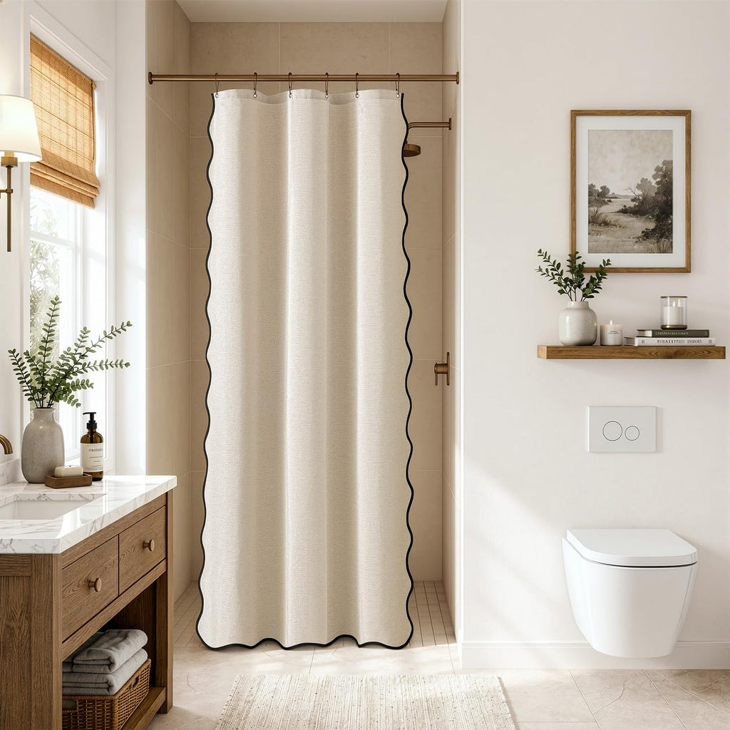 Cream Beige Small Stall Scalloped Linen Shower Curtain 36x72 Inches