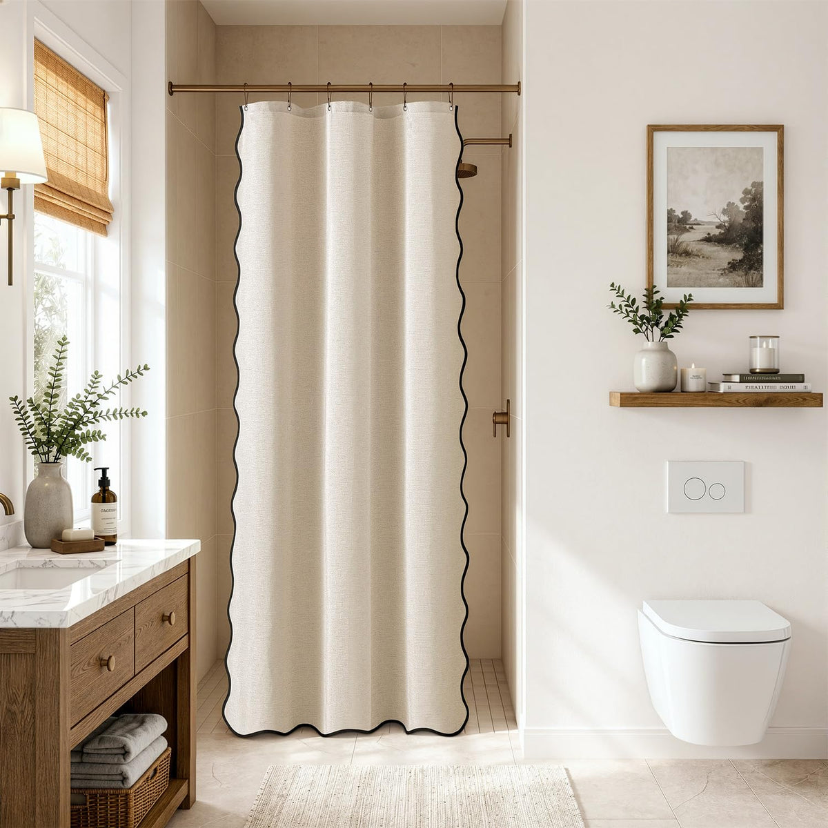 Cream Beige Small Stall Scalloped Linen Shower Curtain 36x72 Inches