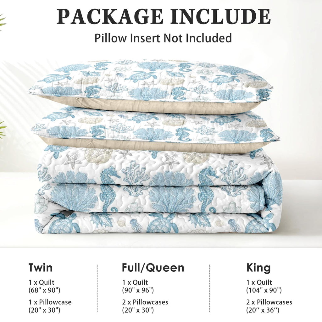 Quilt Set, 3 Pieces Sea Shell Coral Bedding, Bedspread