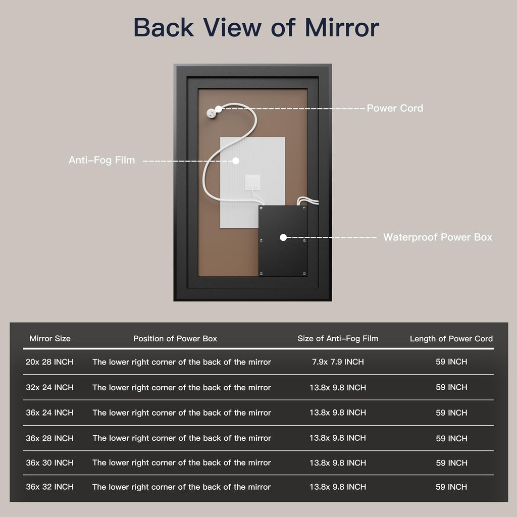 32x24 Framed LED Bathroom Mirror, Dimmable Front & Backlit, Anti-Fog
