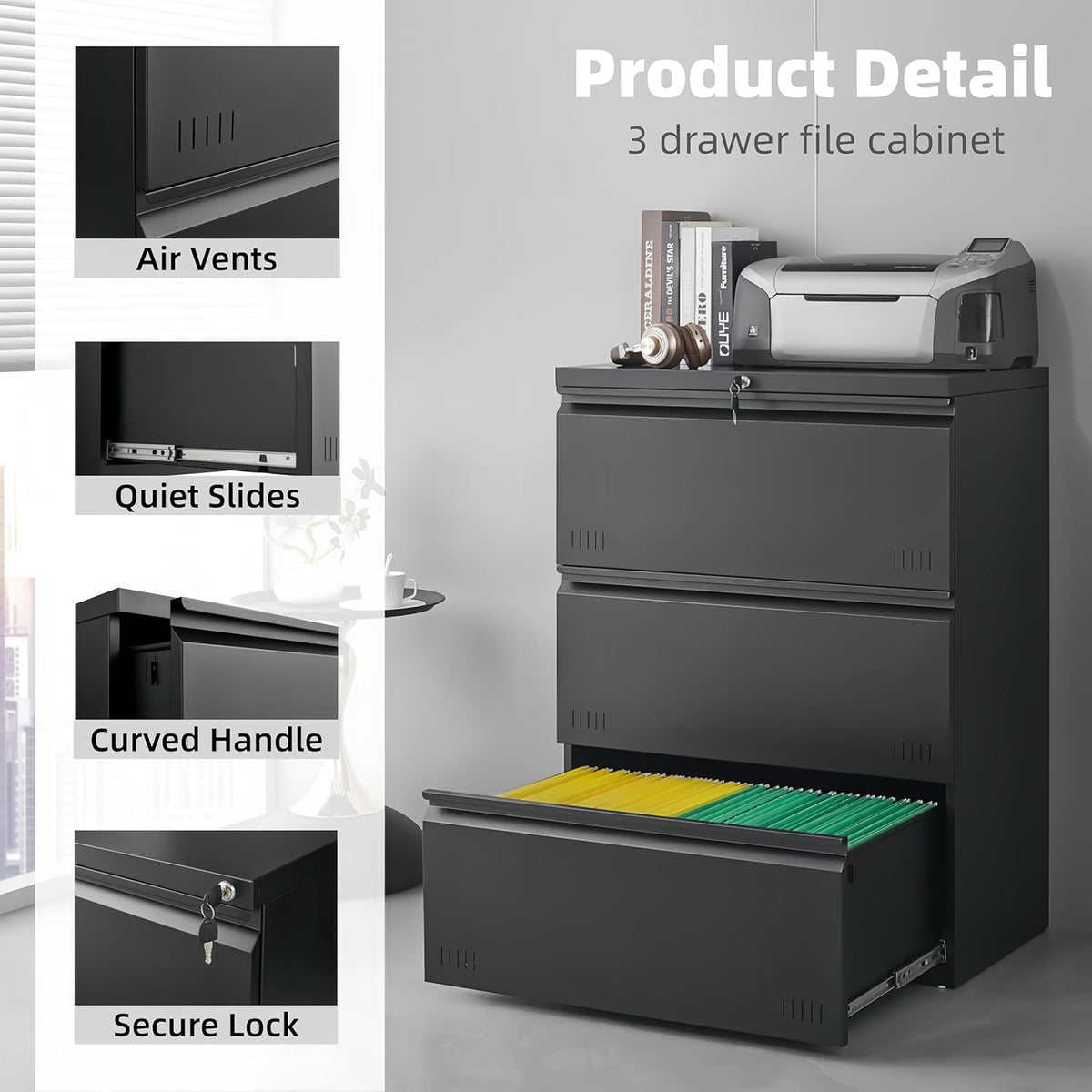 Lateral 3 Drawer File Cabient with Lock, Metal Filing Cabinets, Heavty Duty Office Storage Cabinet for