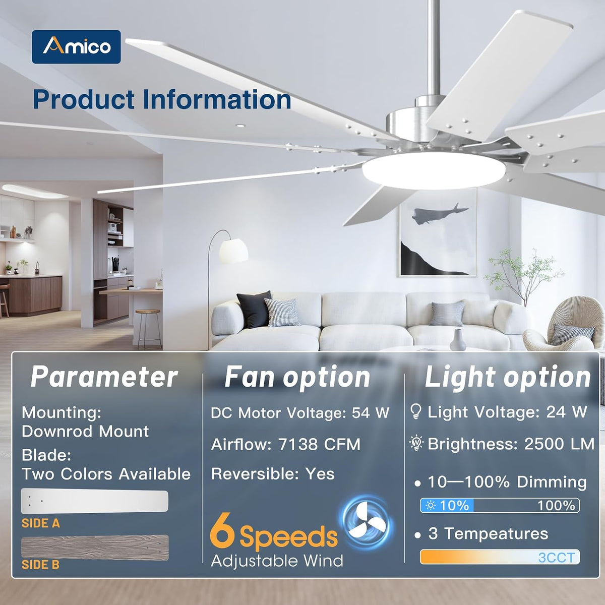 72" Brushed Nickel Ceiling Fan with Light & Remote