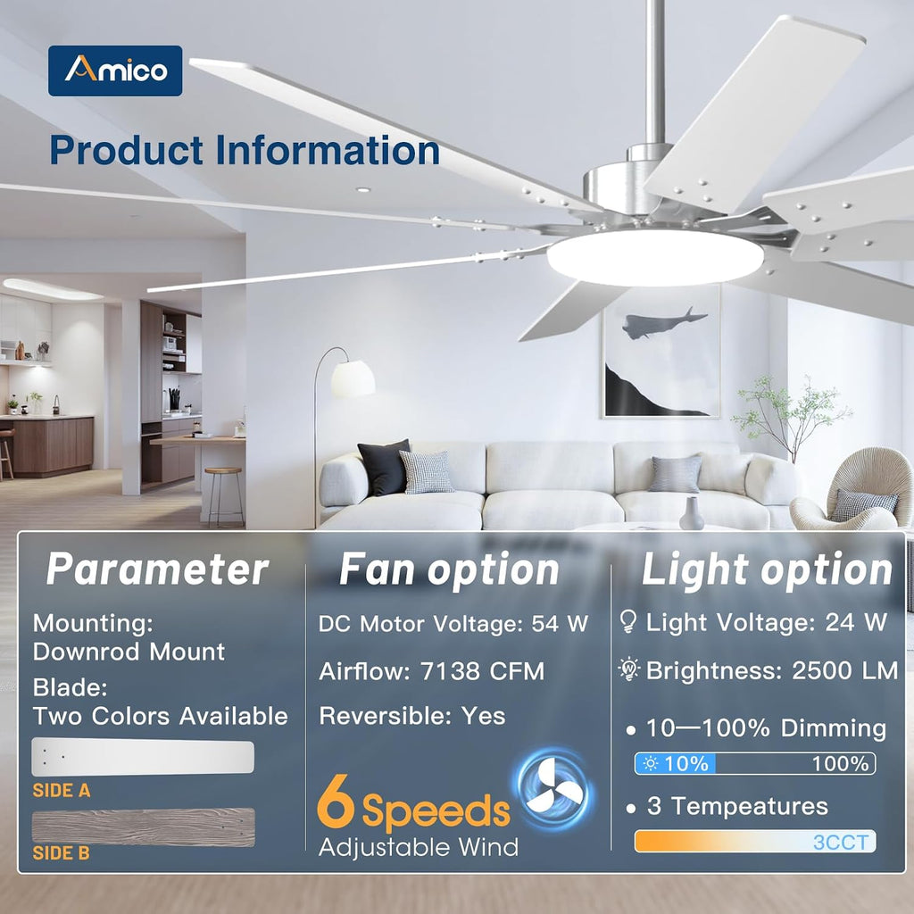 72" Brushed Nickel Ceiling Fan with Light & Remote