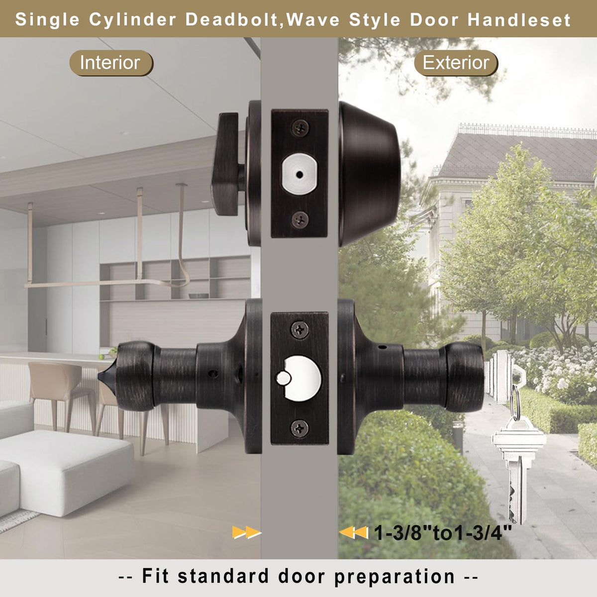 1 Pack Front Door Lockset with Single Cylinder Deadbolt, Oil Rubbed Bronze Door Lever Deadbolt Keyed Front Door Lock