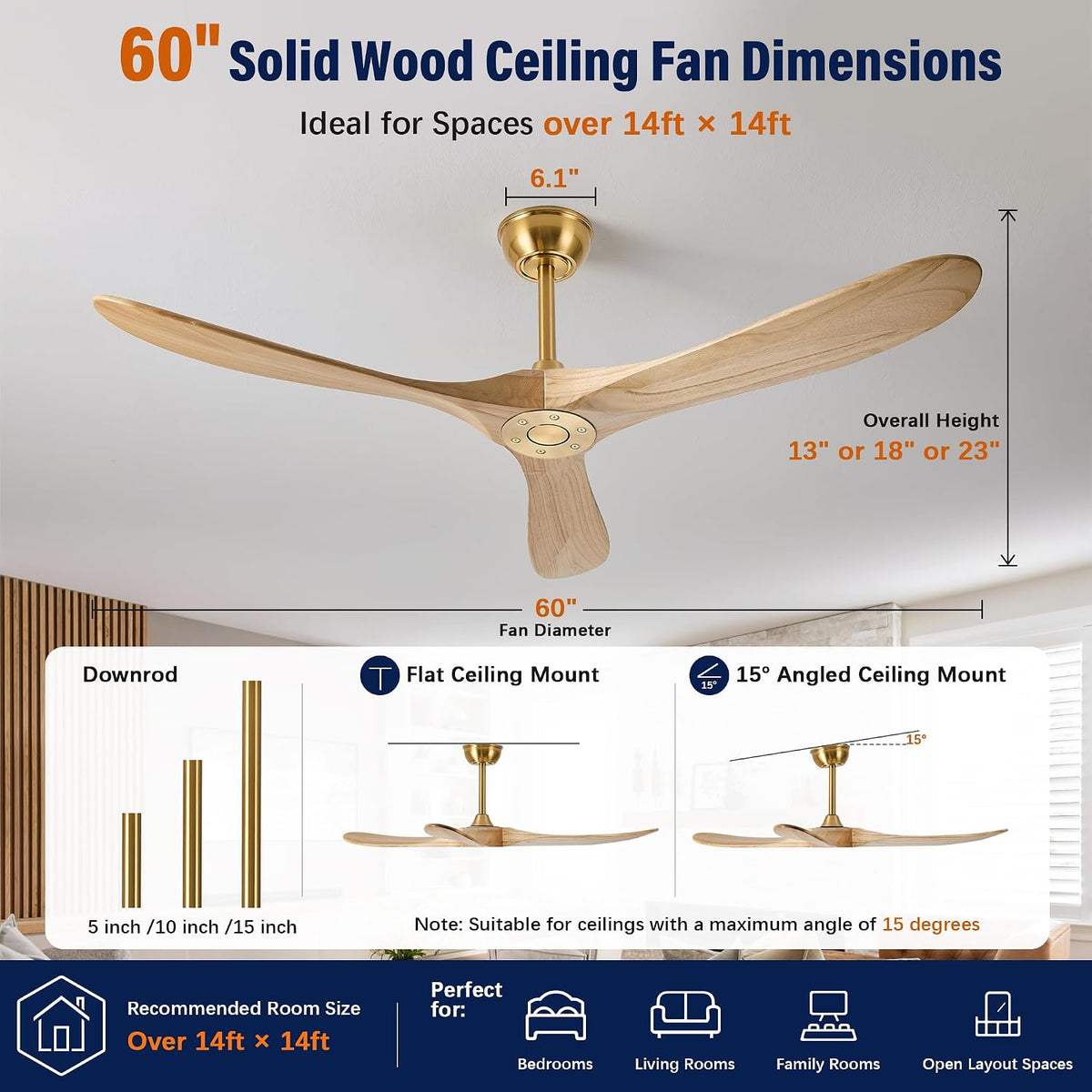 Inspired Maverick Style 60" Ceiling Fan No Light, 3 Solid Wood Blades, Brass Gold Motor, Quiet Reversible DC Motor with Remote Control