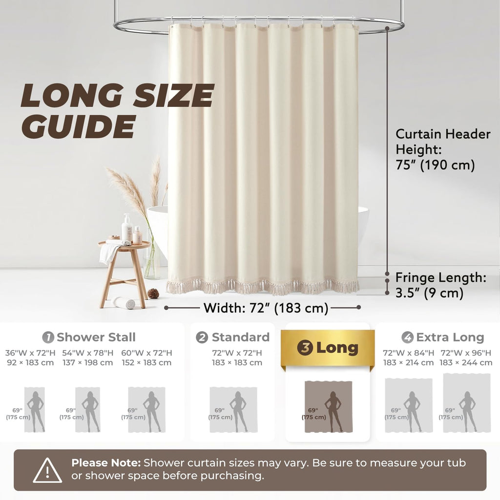 Linen Shower Curtain Boho Beige Shower Curtain with Tassels 72"W x 78"L