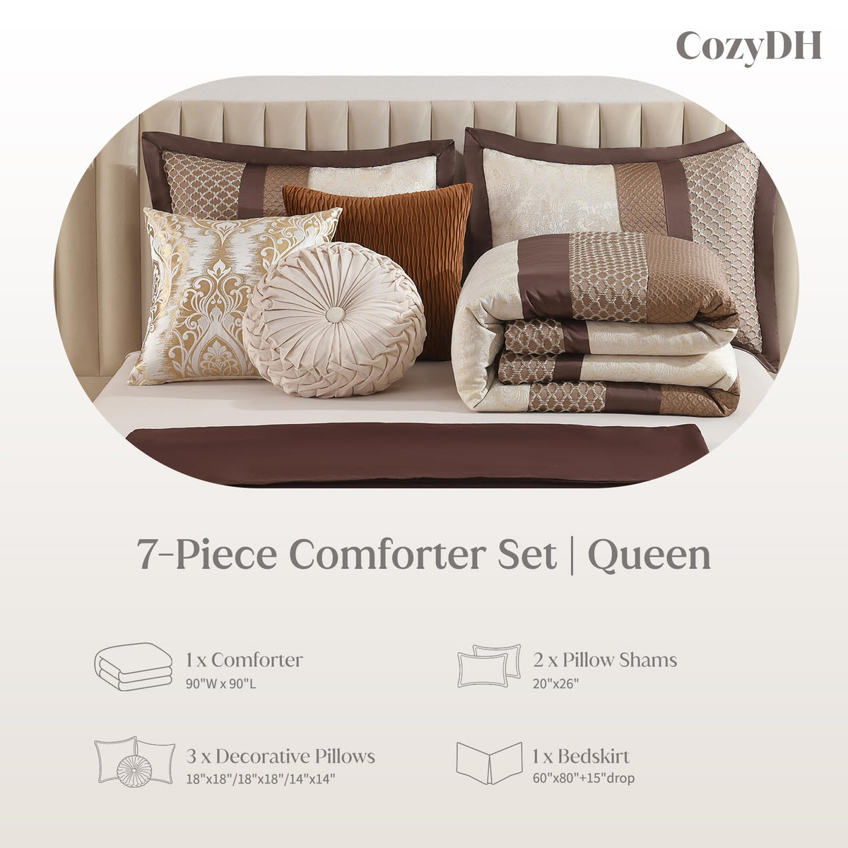 Comforter Set Brown Cream - 7 Piece Jacquard Bed in a Bag