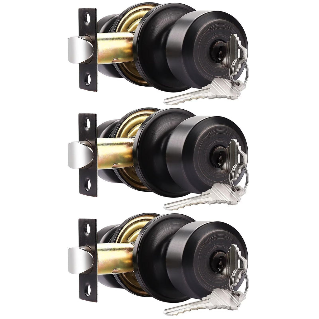 Keyed Alike Entry Door Knobs, Oil Rubbed Bronze Cylindrical Shape Interior Door Knobs with Lock and Keys, 3 Pack