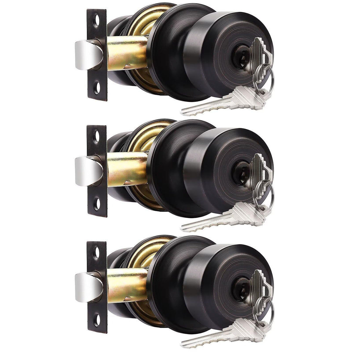 Keyed Alike Entry Door Knobs, Oil Rubbed Bronze Cylindrical Shape Interior Door Knobs with Lock and Keys, 3 Pack