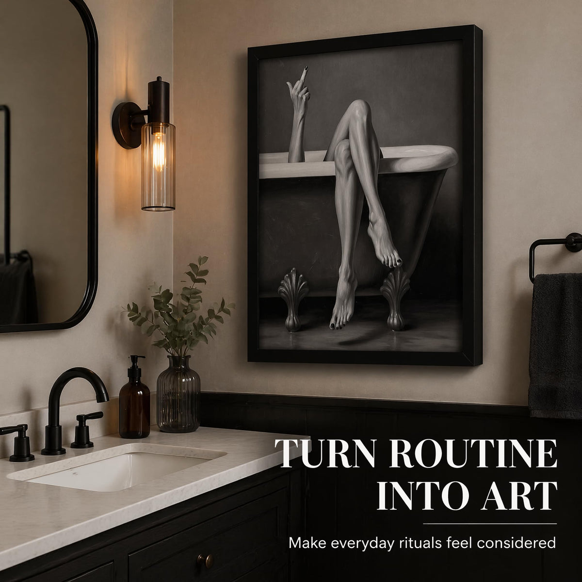 Framed, Black and White Bathroom Wall Art, Moody Legs in Tub Poster Canvas Wall Decor, Trendy Woman Middle Finger