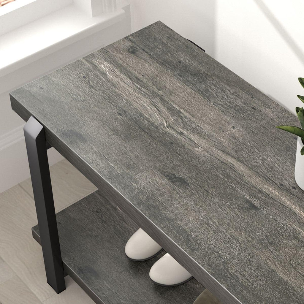 Industrial Entryway Bench with Storage, Rustic Wood and Metal Shoe Rack Bench Seat, 47 Inch Grey
