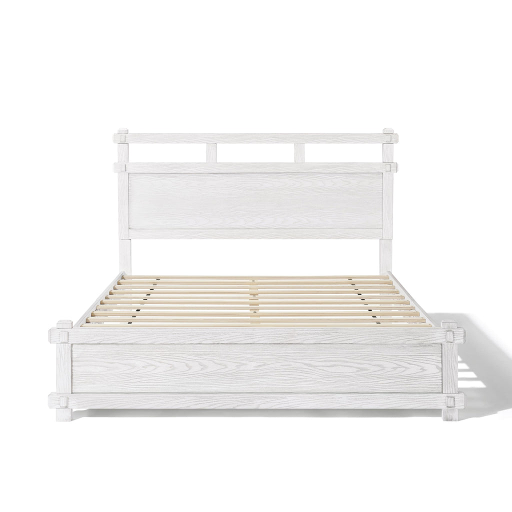 Laramie Farmhouse Bed Frame, Wooden Bed Frame with Two Tier Headboard and Wood Slat Support, Wood