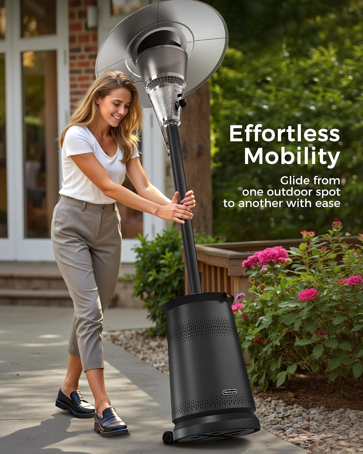 50, 000 BTU With Adjustable Heat Focusing Top, Portable Propane Patio Heater with Wheels & Sandbox, Stainless Steel
