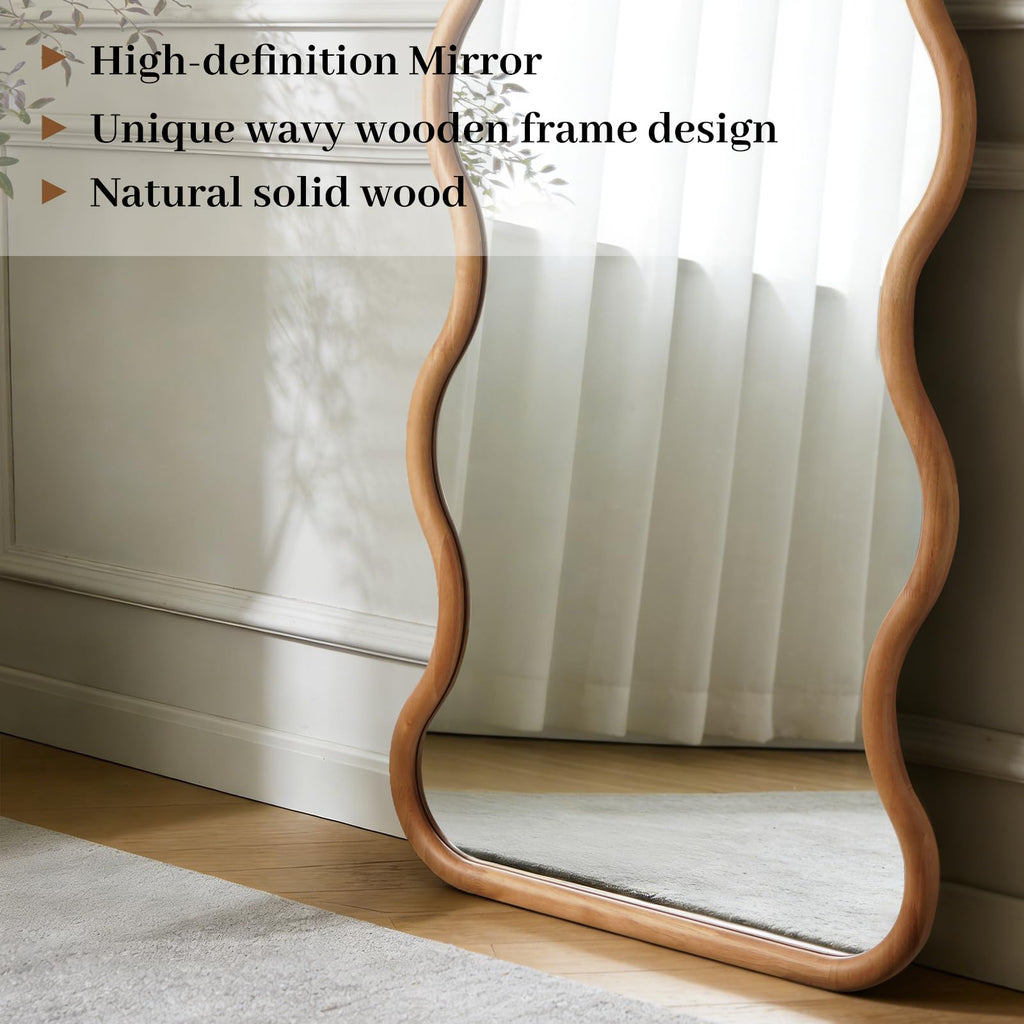 24"x65" Full Length Wood Arched Mirror, Natural Wood Boho Accent Mirror with Wavy Design, Decorative Floor or Wall