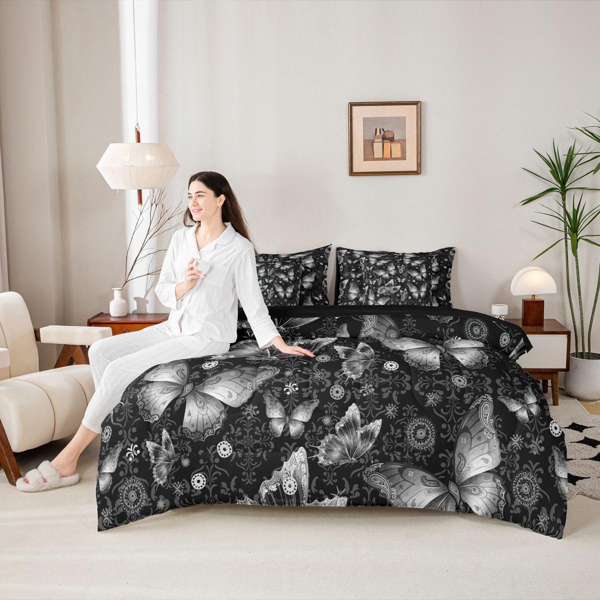 Girls Women Damask Baroque Grey Butterfly 7 Piece Bedding Set Twin | Paisley Victorian Comforter Set with Sheets
