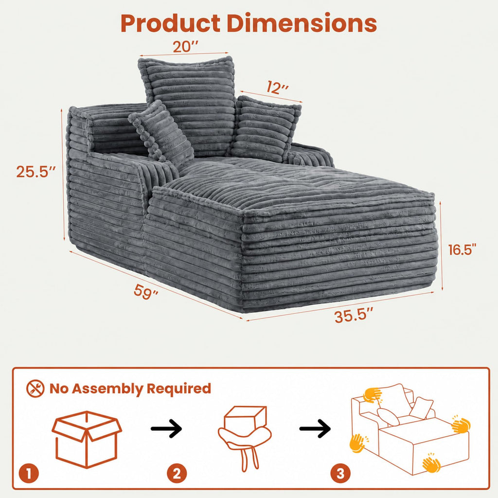 Updeta Boneless Chaise Lounge Chair Indoor, Corduroy Oversized Sleeper Chair with 3 Pillows & Wide Armrest, Comfy