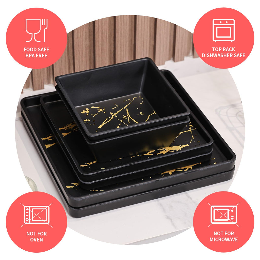Melamine Dinnerware Sets - 12pcs Square Plates and Bowls Sets For 4, Indoor Outdoor Use, Dishwasher Safe, Black & Gold