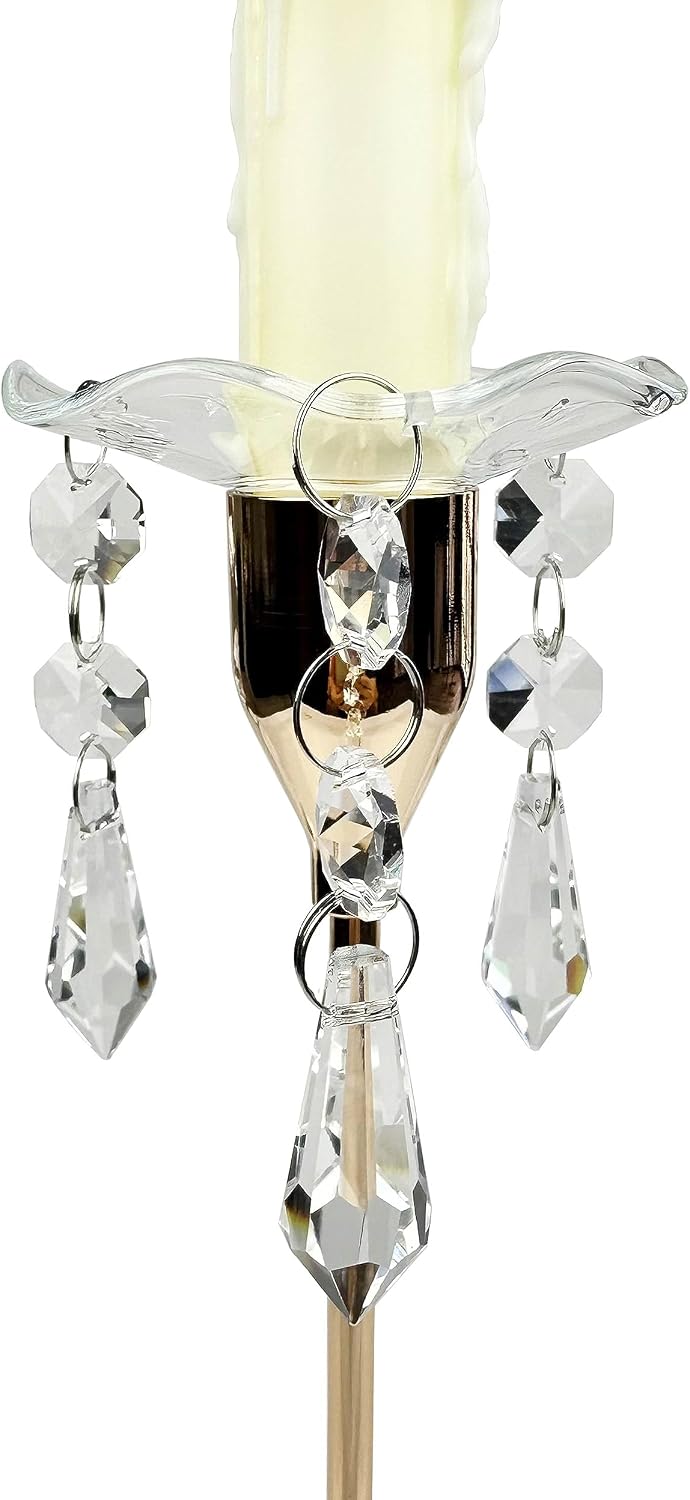 4 Pieces Bent Glass Candle Bobeches with Crystal Prisms Pendant, Taper Candle Wax Catcher Rings