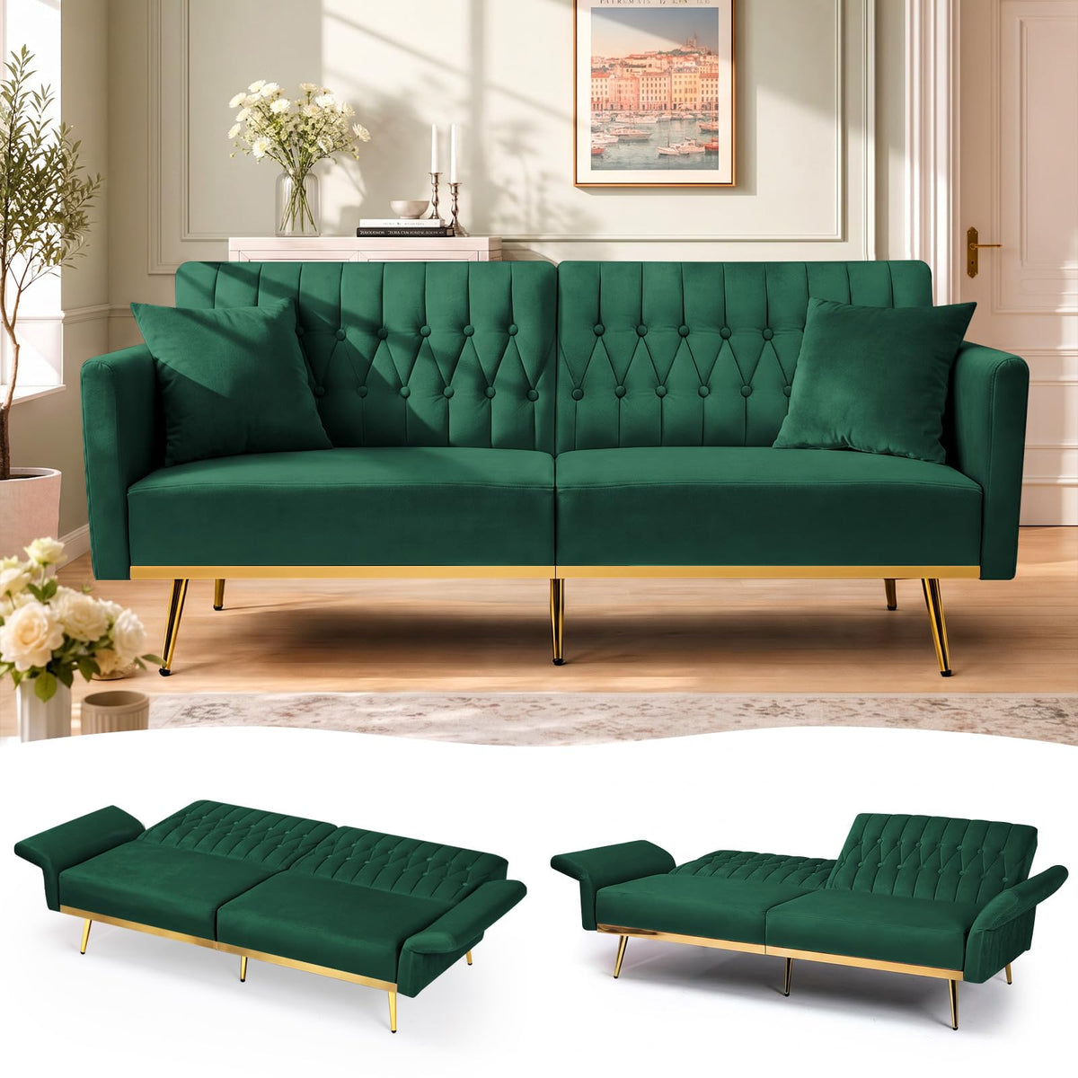 70" Futon Sofa Bed w/Adjustable Armrests, Green