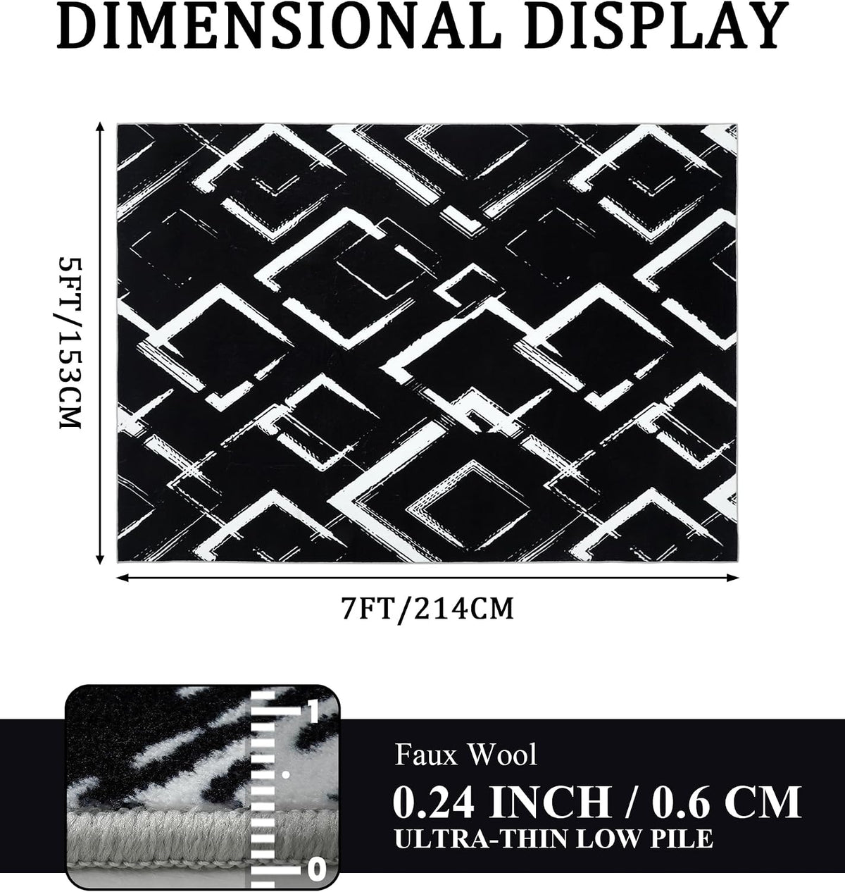 Black Modern Geometric Area Rug 8x10, Black and White Rug with Abstract Diamond Patterns,Non-Shedding Washable Rugs