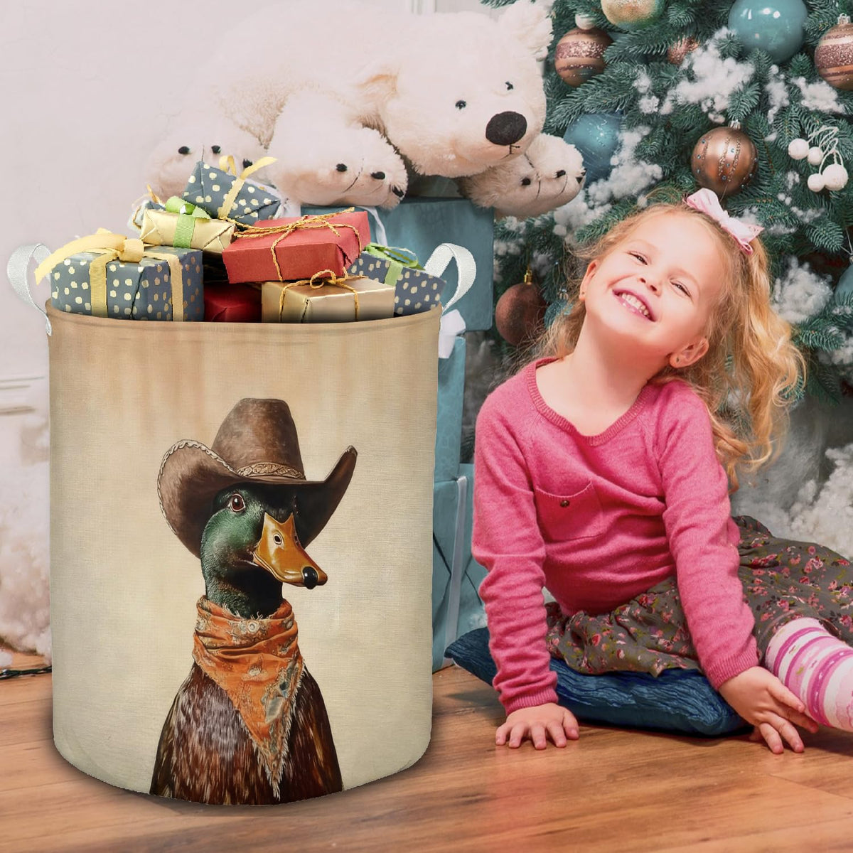 Cowboy Mallard Duck Western Laundry Basket, Rustic Vintage Cowboy Hat Mallard Duck Foldable Laundry Hamper With