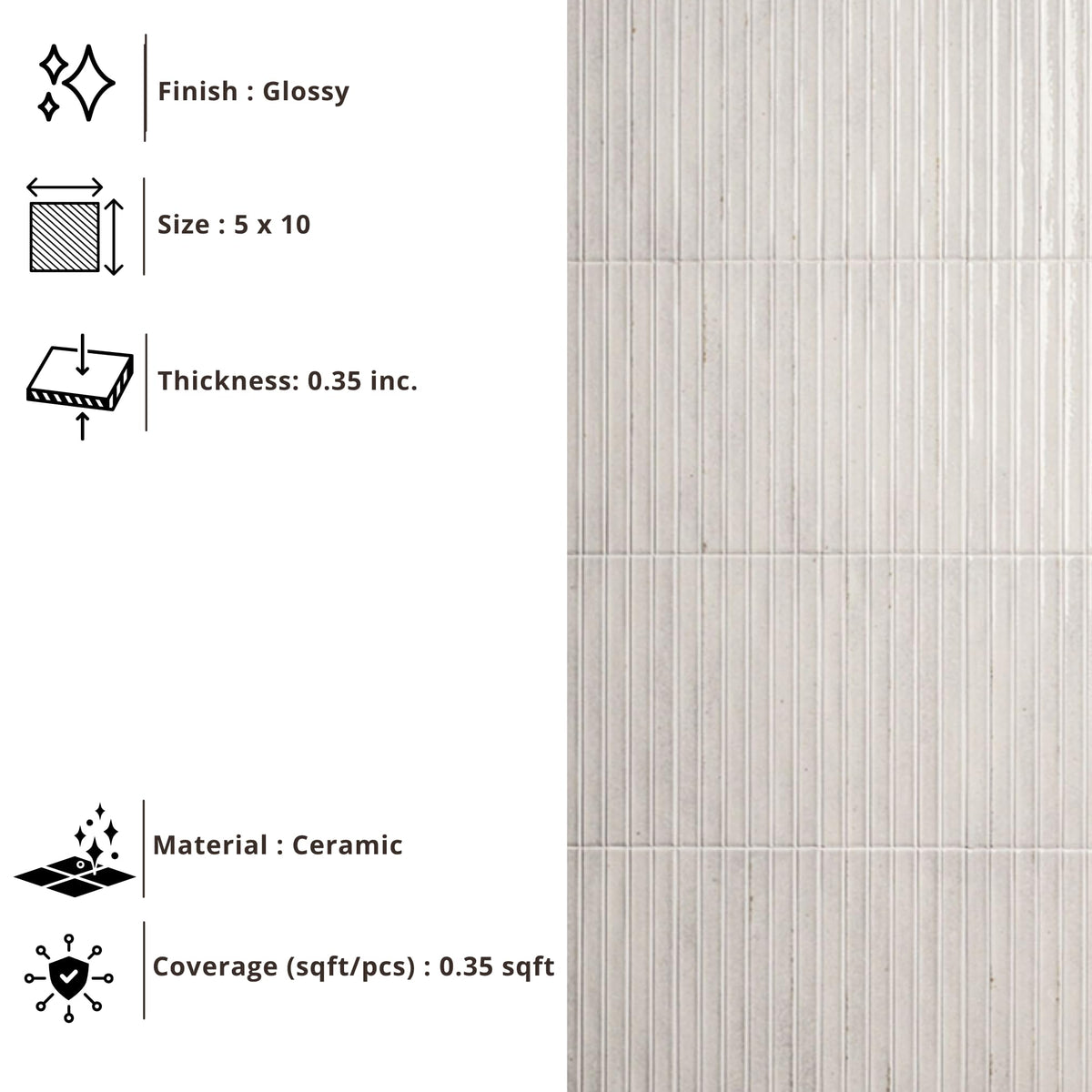 Ivory Glow Glossy Ribbed Ceramic Wall Tile (1 Piece)