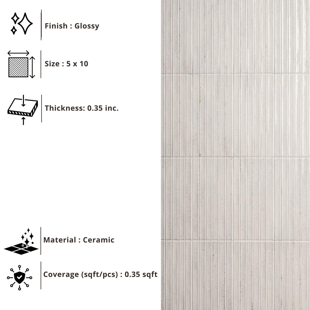 Ivory Glow Glossy Ribbed Ceramic Wall Tile (26 Pieces)
