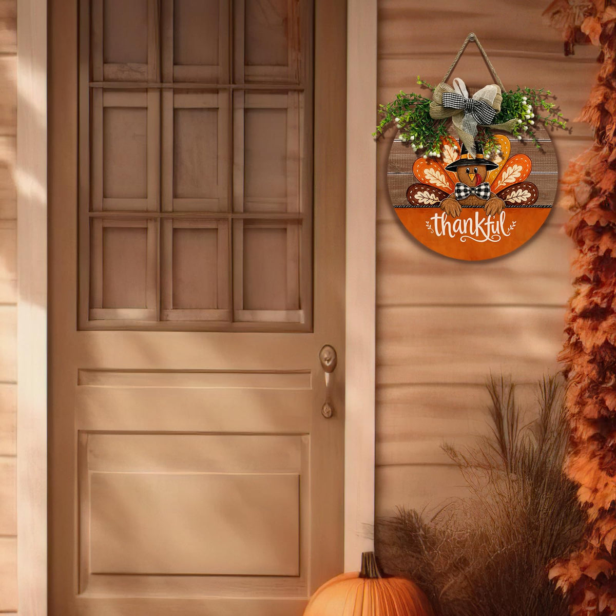 Thanksgiving Thankful Turkey Door Sign for Front Porch Farmhouse Round Wood Hanging Sign with Wreath and Bow Greenery