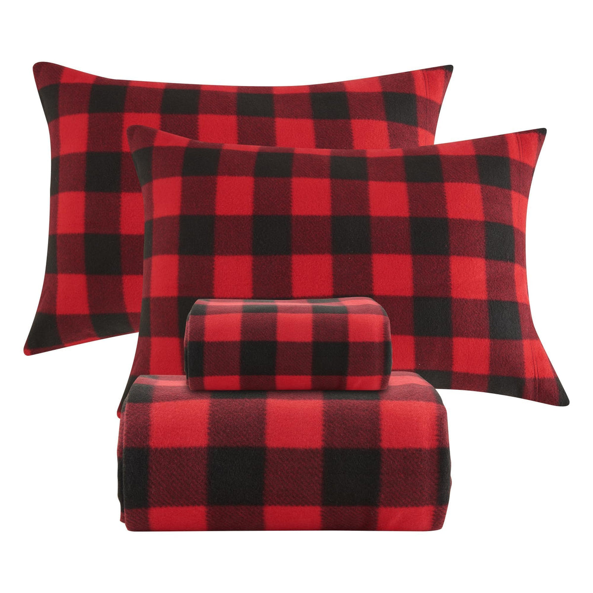 Fleece Sheet Set, Soft Plush Bed Sheets, 4-Piece, Red Buffalo Plaid