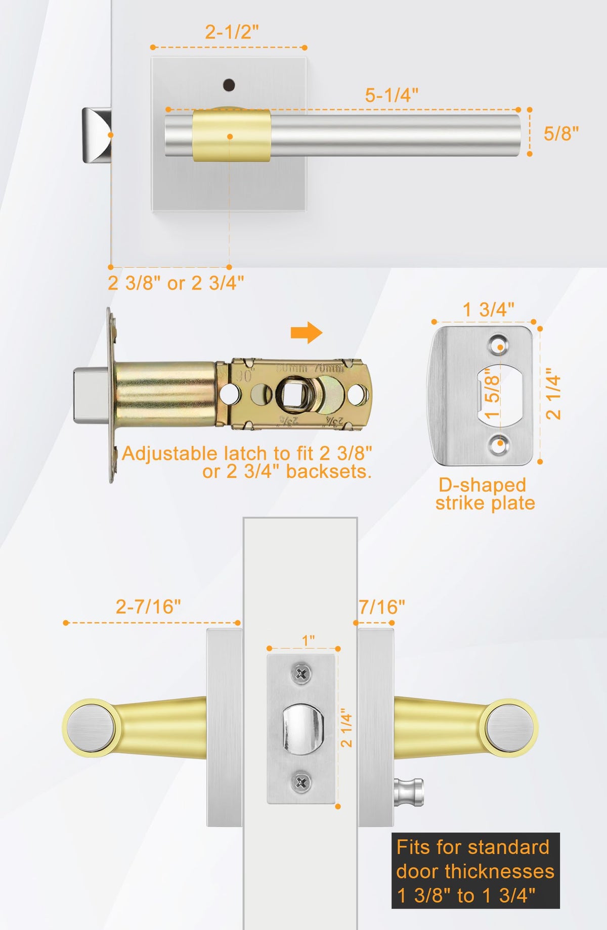 5 Pack Silver and Gold Interior Door Handles, Heavy Duty Privacy Door Handles Levers, Brushed Nickel Door Handles