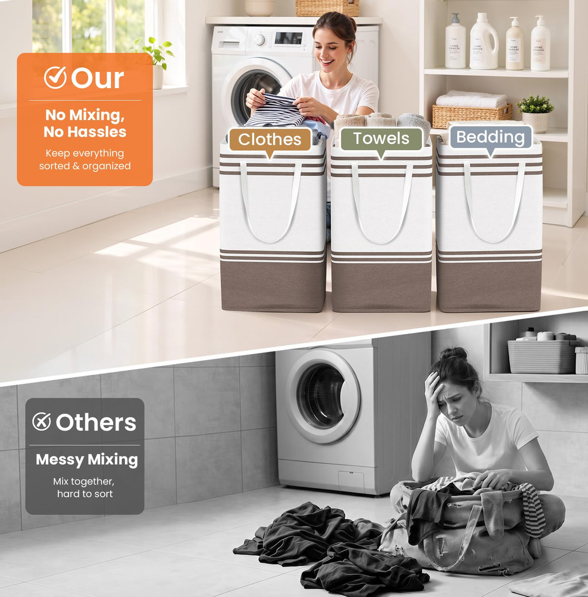 3-Pack Laundry Basket, Laundry Hamper, Khaki-88L