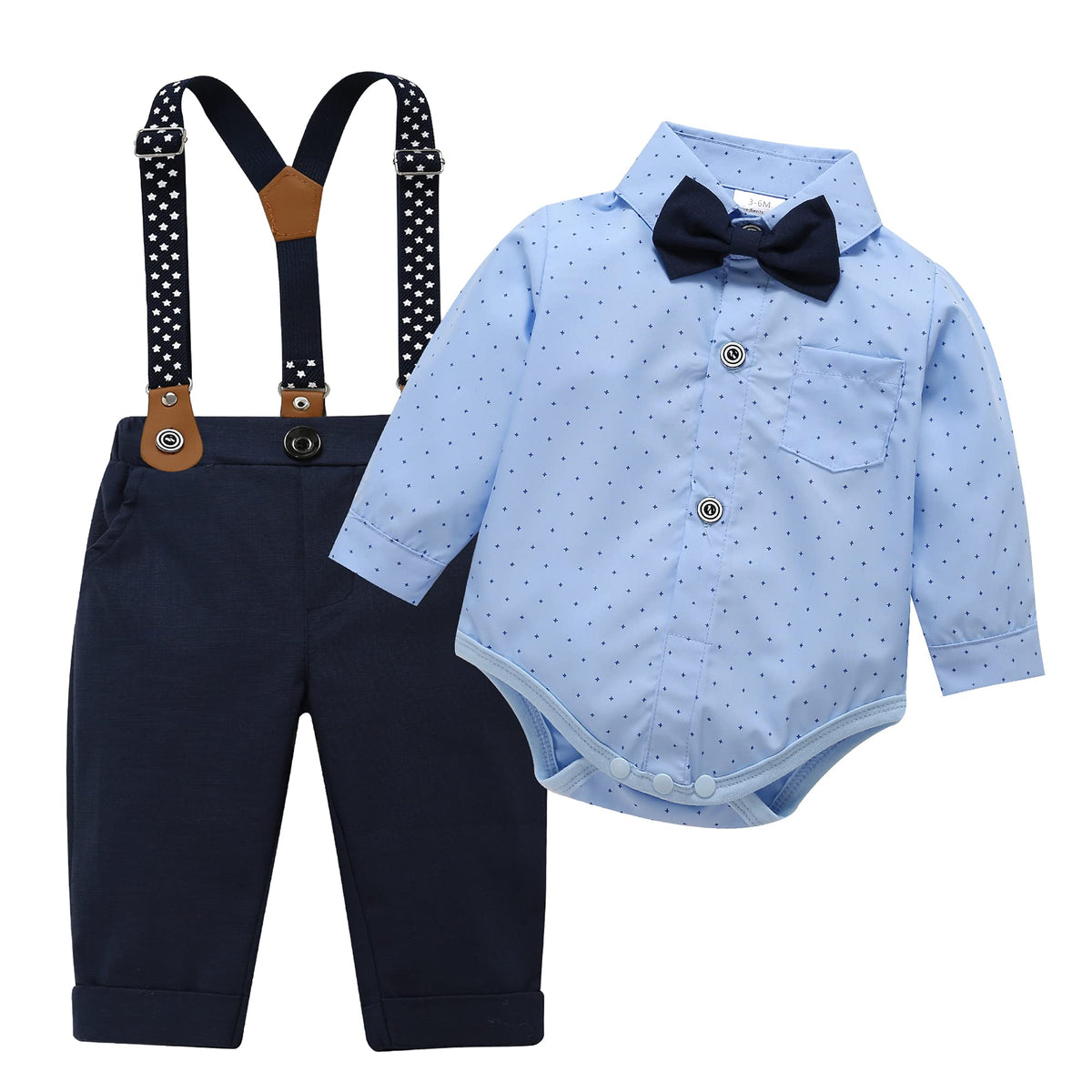 Baby Toddler Boy Formal Gentleman Suits,Dress Long Sleeve Blue Shirt With Bowtie+Suspender Pants Dressy Outfit