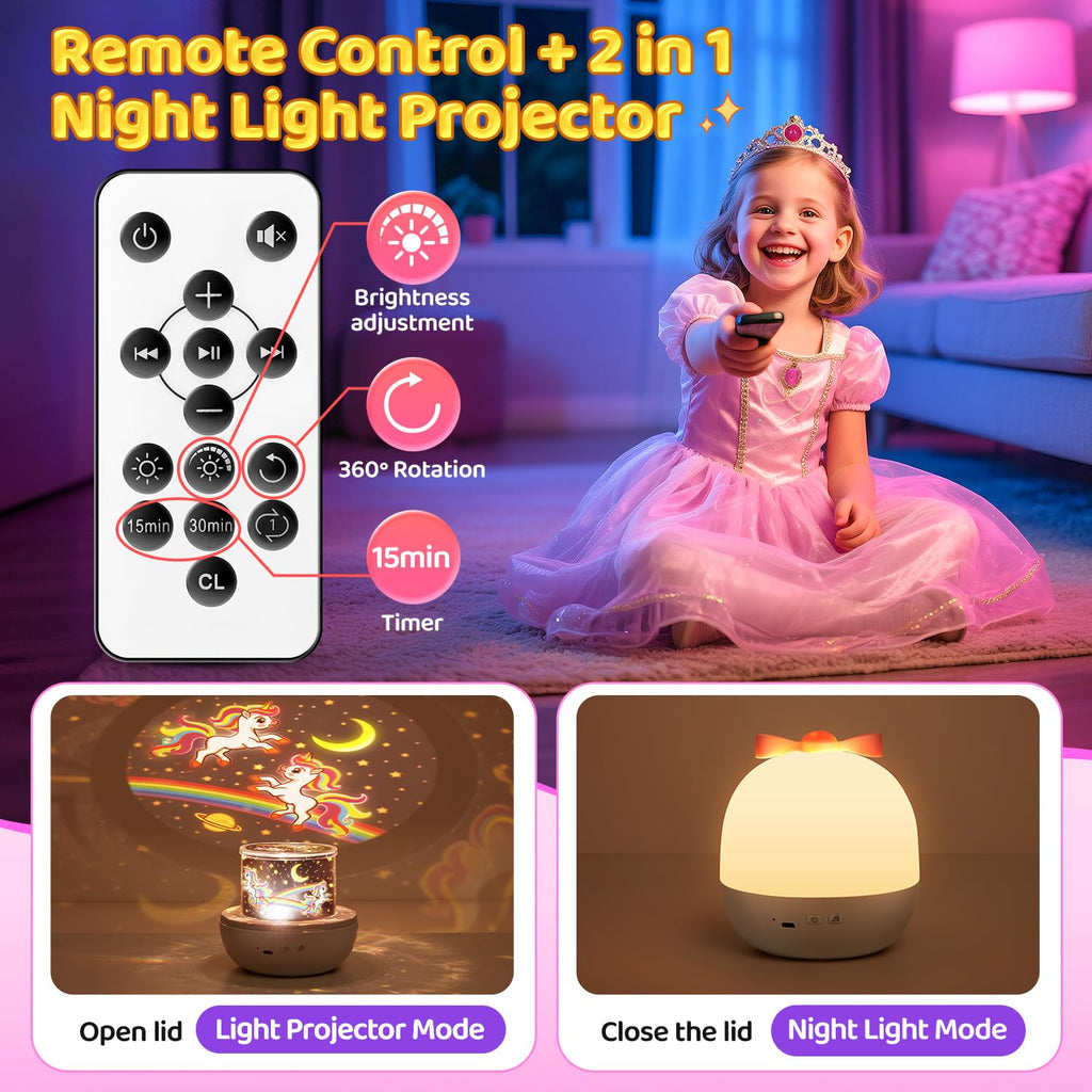 Unicorn Toys for Girls Gifts, 15 Films+15 Lullaby Sound Machine for Kids Night Light Projector, Remote+Rechargeable