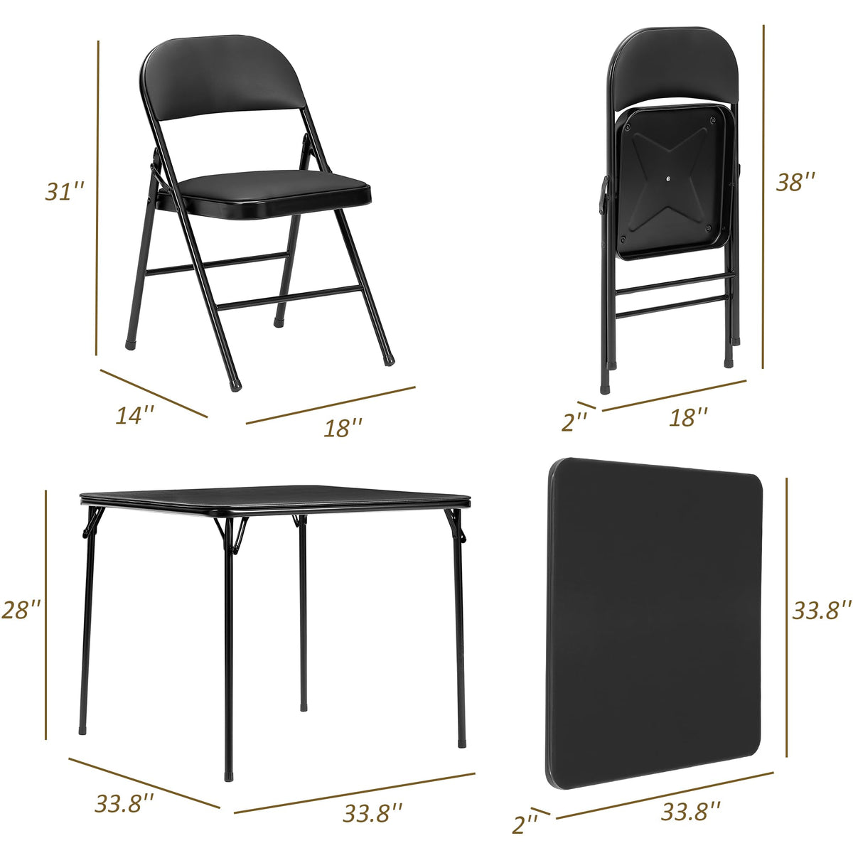 Folding Card Table and Chair Set of 5 Portable with Padded Tabletop, No Assembly Required, Black
