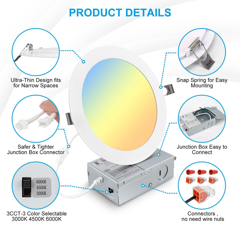 12 Pack 7 Inch 3CCT Ultra-Thin LED Recessed Light with Junction Box, 3000K/4500K/6000K Selectable, 18W Eqv 125W