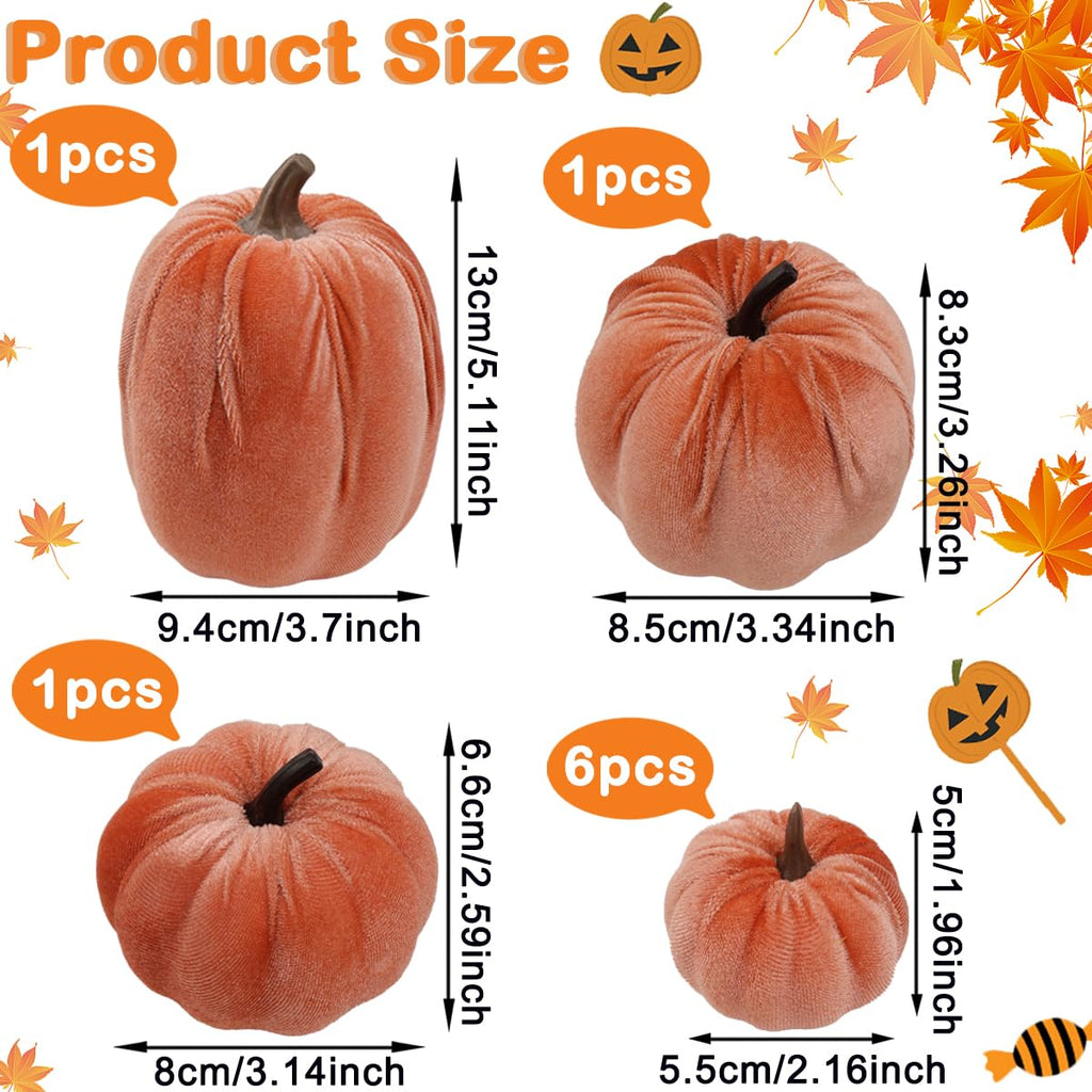 9Pcs Thanksgiving Velvet Pumpkins Decor Orange Small Faux Pumpkin