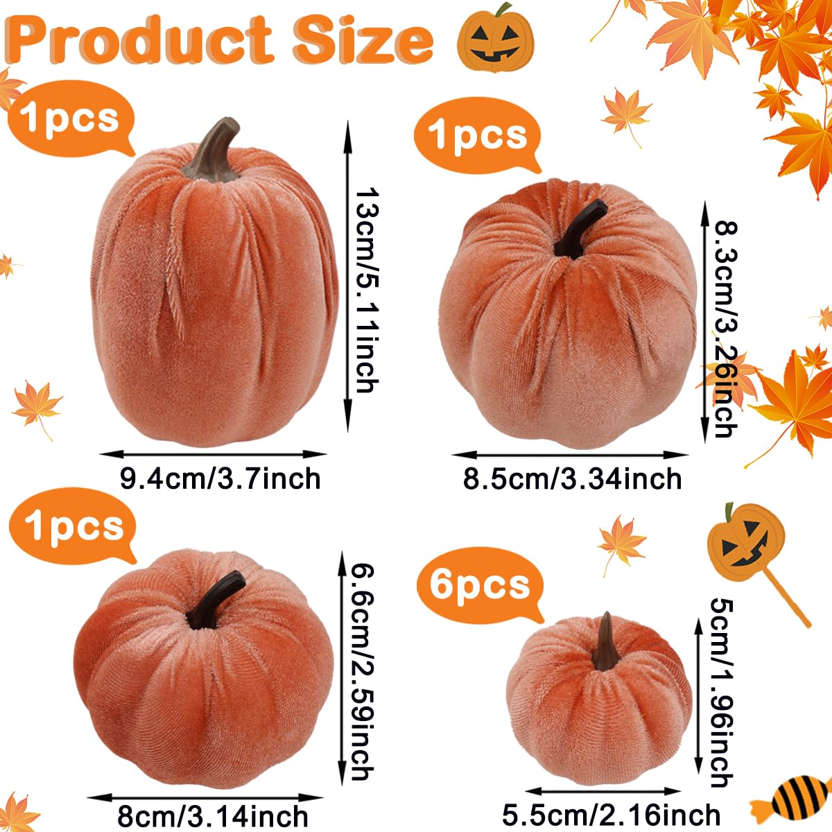 9Pcs Thanksgiving Velvet Pumpkins Decor Orange Small Faux Pumpkin