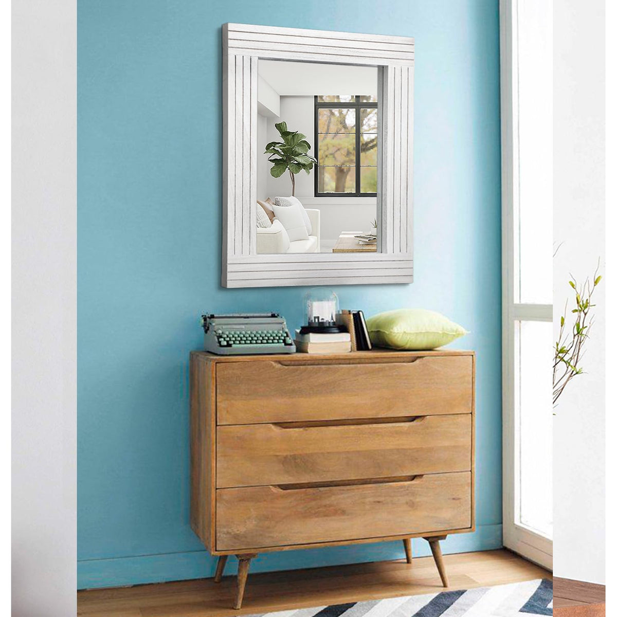 Rustic Wall Mirror - Rectangular Antique Wooden Frame - Farmhouse Bedroom & Entryway - Large White - 20" x 16"