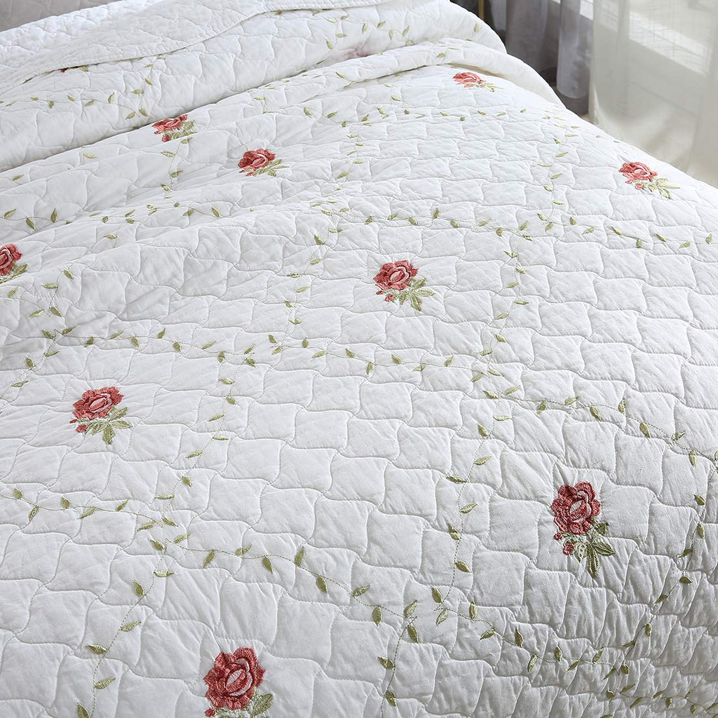 3-Piece Elegant Flower and Leaf Embroidered Bedspread Coverlet Set Oversize Queen 100% Cotton Reversible Patchwork 1